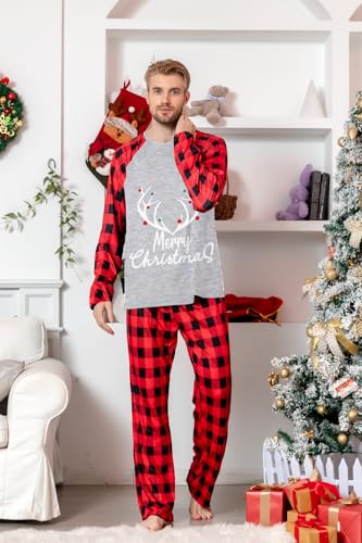 Umeyda Matching Christmas Pjs For Family,Pajamas Christma Sets, Xmas Holiday Family Sleepwear Outfits Men, Grid Deerhead, XL4