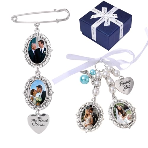 Personalized 2 Pcs Wedding Bouquet Charm, Custom Pendant with Photos and Text, Gift for Bride and Groom, with Bouquet Charm & Pin Brooch, Bridal Party Gifts, Wedding Gift for Bride, Groom, Friends -  UIDMEN, PG517-W