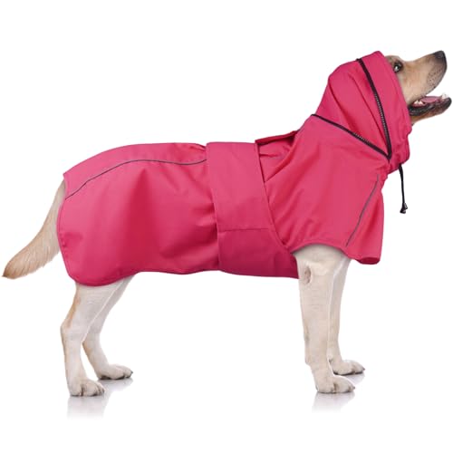 OUOBOB Hunde-Regenmantel XXL, wasserdichte Hunderegenmäntel für große Hunde mit Kapuze, Loch für die Leine, Reflektorstreifen, ideal für Labrador & Golden Retriever, Deutscher Schäferhund, Boxer