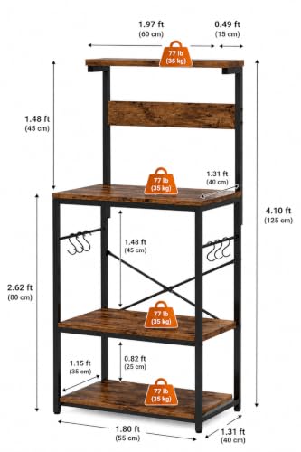 Image of 4-Tier Baker's Rack and Coffee Bar Table | Kitchen Microwave Stand with 6 S-Hooks | Storage Shelf for Spices, Pots and Pans | Rustic Brown | 60x40x125 cm