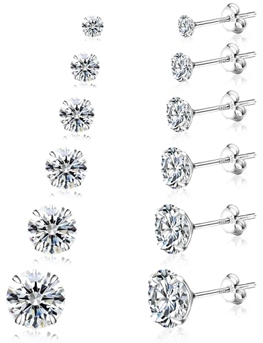 Yiorxu 4/6 Pairs Sterling Silver Earrings for Women,Stud Earrings for Women,5A+ Cubic Zirconia Size,Hypoallergenic Earrings Set Anti-Oxidation Elastic Packing Box (Silver-6 Pairs)