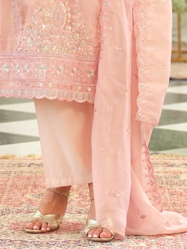 Image of INDO ERA Women's Silk Blend Floral Embroidered Straight Kurta & Pant With Dupatta Set (IEOUT12442)
