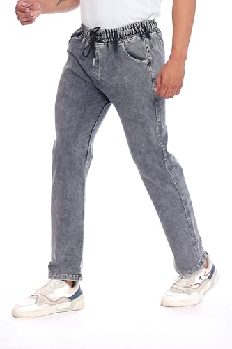 Image of Men's Denim Joggers, Regular Fit, Mid Rise, Stretchable Cotton Blend, Drawstring Waist, Soft Fabric, Multiple Pockets, Tapered Leg Casual Pants