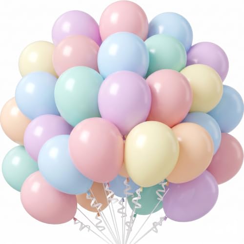 Image of Pastel Balloons Macaron 12 Inch Pink Blue Green Purple Orange Yellow Latex Balloon Multicolor Pastel Rainbow Colorful Party Balloon for Birthday Baby Shower Bridal Shower Wedding Party Decorations