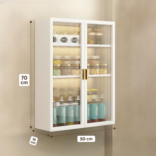 Image of Kitchen Storage Cabinet | Modular Wall Mounted Kitchen Cabinet Organiser |3 Layer, Space Saving Carbon Steel Shelf, White, 50 cm, Pack of 1