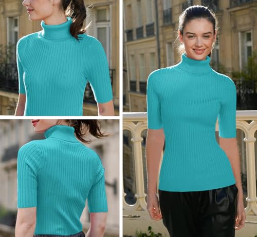 Image of v28 Women Turtleneck 1 /2 Half Sleeve Highly Stretchy Ribbed Knit Fitted Sweater