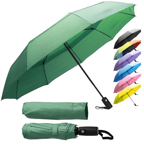 ZENO Paraguas Plegable Compacto – Mini Paraguas Automático Mujer & Hombre, Antiviento Resistente con 9 Varillas de Fibra de Vidrio, Tejido Teflón Impermeable, Verde