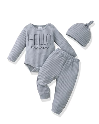 Image of Renotemy Newborn Baby Boy Fall Clothes, Long Sleeve Letter Printed Rompers Plaid Pants Hat Outfits Clothing Set 0-18 Months