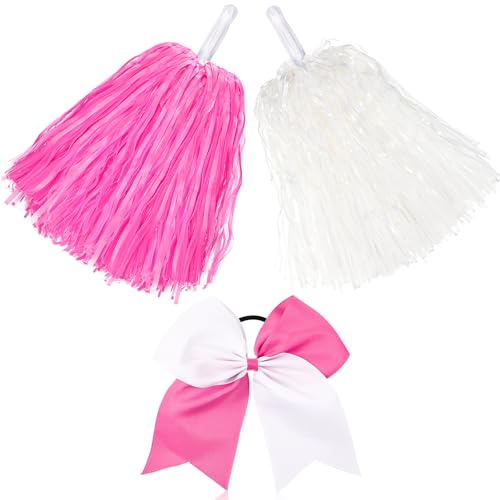 Hanaive 3 Pcs Cheerleading Pom Poms and Large Cheerleader Hair Bow Metallic Foil Cheer Pompoms Cheerleader Supplies for Dance Squad Rooters Sport Team Accessories(Pink White,Matte)