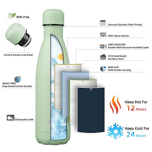 Image of Konokyo Insulated Water Bottles,17 oz Double Wall Stainless Steel Vacumm Metal Flask for Sports Travel,Macaron Green