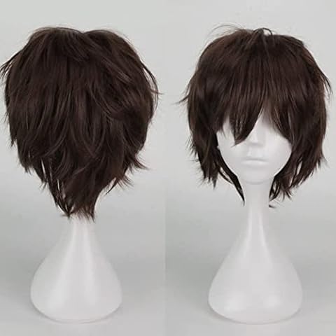 Cybelleza Anime Cosplay Wig Short Brown Wigs for Women / Men Synthetic Curly Straight Fancy Dress Wig Layered Fluffy Halloween Costume Party Carnival Wig with Free Cap, Dark Brown Cover