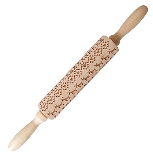 Nudelholz mit Gravur, Laser-Prägung, Holzwalze, Antihaft-Teigroller mit DIY Backen Gebäck Kekse Fondant Kuchen Nudel Keks Werkzeug für Elch Liebe Weihnachtsbaum geprägtes Muster Design Cover