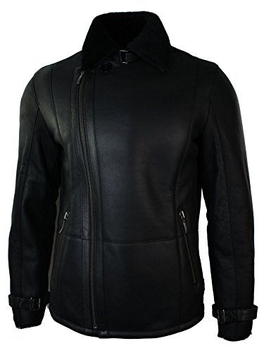 TruClothing Mens Winter Real Sheepskin Black Mid Length Fitted Designer Jacket Cross Zip4