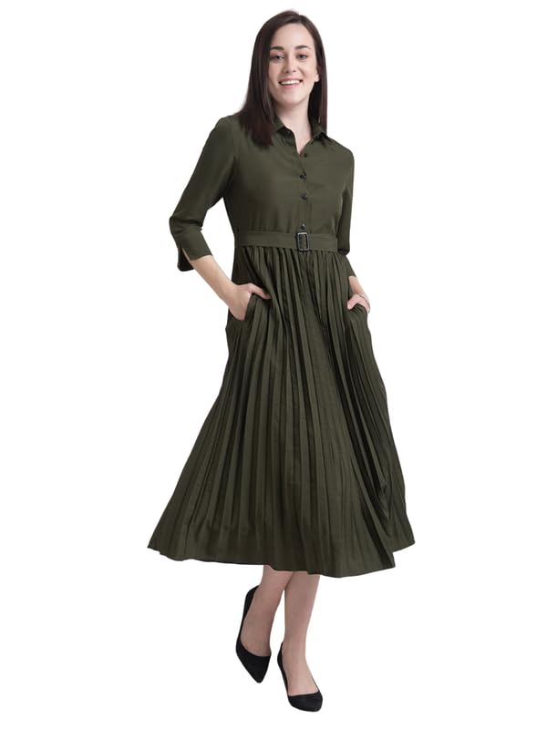 fablestreet Women's Polyester Collared Pleated Fit and Flare Midi Dress - Olive (DR534OLIV)-picture-14