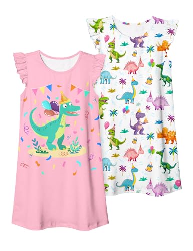 UNIFACO 2pcs Girls Nightgowns Flutter Sleeve Pajamas Dress Cute Sleepwear