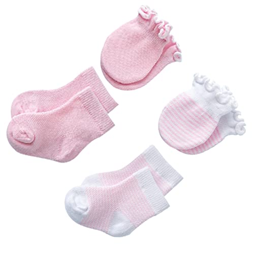 4pairs Gloves and Socks Cotton Mittens for Boy Girl Anti-scratch Design Comfortable and Stylish Pink Color for Keeping Boy Girl Warm