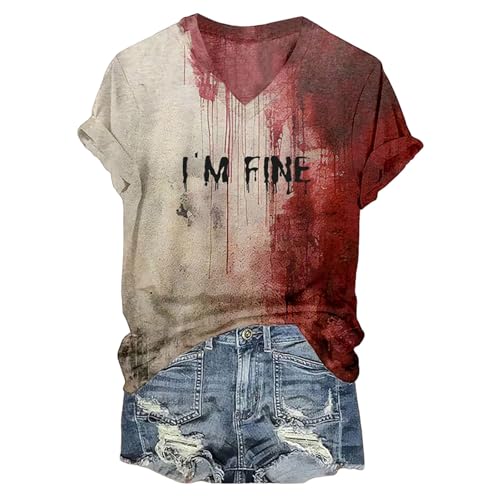 Halloween Bloody Shirt for Women Casual V Neck Short Sleeve Retro Halloween Costume Fashion Comfort Clothes, 1#1-Wine, X-Large