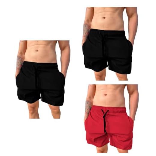 Kit 3 Bermudas Mauricinho Masculinas, Elastano e Tactel para Academia, Praia, Futebol, Corrida, Treino e Musculação com 3 Bolsos Ducam (BR, Alfa, P, Regular, Regular, Preto - Vermelho - Preto)