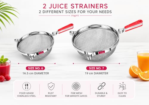 Image of Amanda Stainless Steel Juice & Soup Strainer | Heavy Duty Soup & Liquid Filter | 304 Grade Fine Mesh Chalni | Red Handle Kitchen Strainer for Soup & Juice (Set of 2 (No 6 & 7))