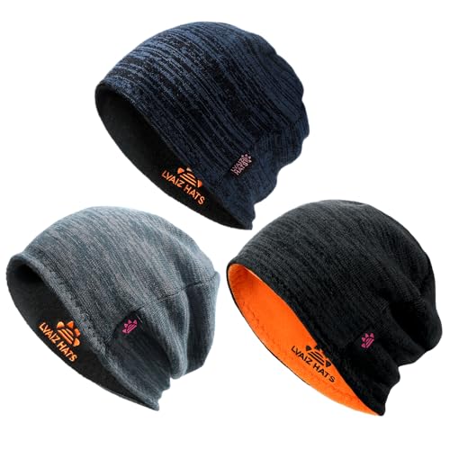 3 Pack Reversible Winter Fleece Lined Beanie Hats for Men Women Warm Windproof Cotton Stretchy Knitted Skull Caps