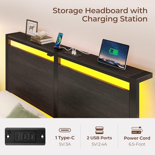 Rolanstar Full Size Bed Frame with Charging Station, LED Full Bed Frame with Wood Storage Headboard, Platform Bed with Metal Slats & Under Bed Storage, No Box Spring Needed, Noise Free, Black Oak - Thumbnail 5