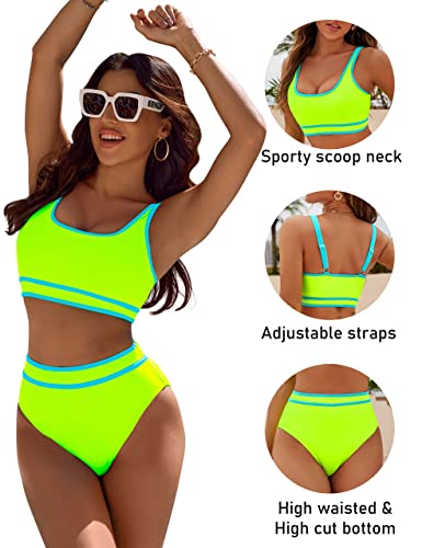 BMJL Women's High Waisted Bikini Sets Sporty Two Piece Swimsuits Color Block Cheeky High Cut Bathing Suits(S,Neon Green)