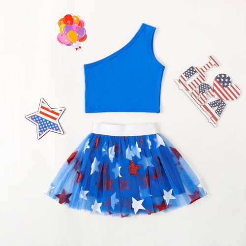 Image of Kayotuas Toddler Baby Girl 4th of July Outfit American Flag Shirt Red Blue Stars Tulle Tutu Skirts Kids Fourth of July Dress