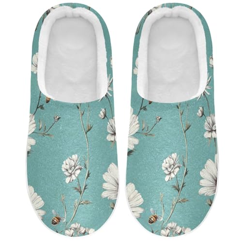 JUNZAN Vintage Osteospermum Turquoise Women Home Cotton Slippers Closed Toe Memory Foam Ladies Slippers for Hotel Funny Presents 6-7
