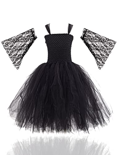 Joukavor Halloween Witch Costume For Girls Maleficent Horns Headband Black Tulle Dresses Feather Cape Devil Outfit For Kids (Black,3-4T) #TOP6