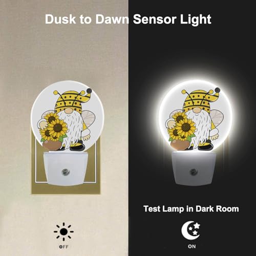 Image of Gnome Night Lights Plug into Wall Summer Bee Gnome Sunflower Yellow Floral LED Dusk to Dawn Plug-in Nightlight Auto Sensor for Bedroom Bathroom Hallway Living Room