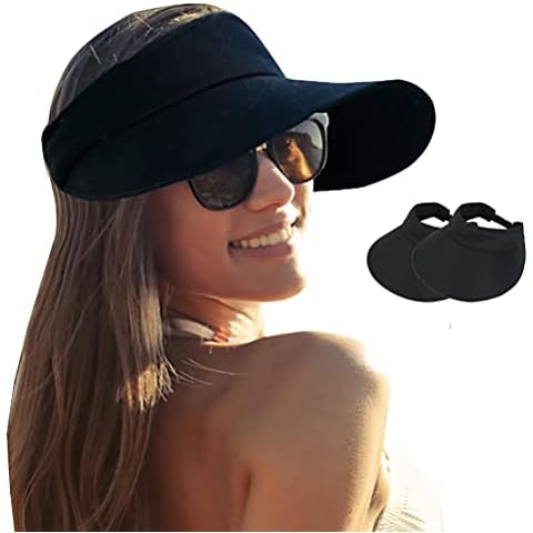 2PCS Wide Brim Sun Visor Hat Women Large UV Protective Golf Beach Cap, Korea Design - black - One Size Cover