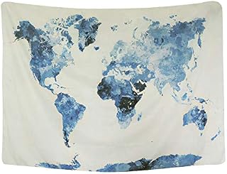 BLEUM CADE Blue Watercolor World Map Tapestry Abstract Splatter Painting Tapestry Wall Hanging
