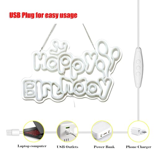 Image of Happy Birthday Neon Sign, USB Powered Dimmable LED Light up Sign for Backdrop Wall Decor,Plug & Play Birthday Decoration for Party, Works with Power Bank /Laptop /Adapter, Reusable Happy Birthday Light (16.54 inchx10.39 inch)