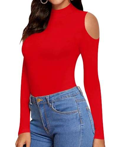 Image of MANGOPOP Long Sleeve Body Suits Mock Turtleneck Sexy Cold Shoulder Cutout Going Out Tops, Red, XX-Large