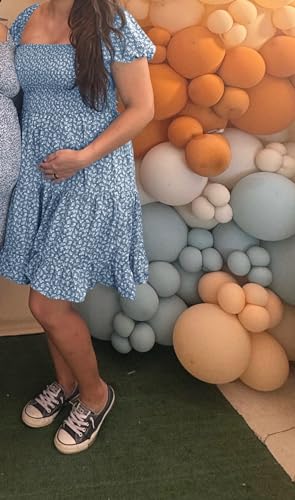 Image of Veatzaer Women's Puff Sleeve Square Neck Smocked Babydoll Dress Boho Floral Print Off Shoulder Ruffle Mini Short Dress