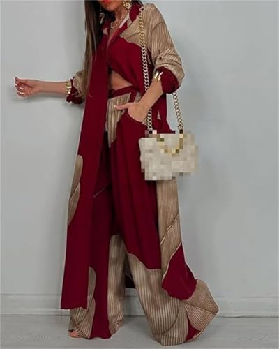 Women's V-Neck Patchwork Printed Top and Pants Commuting Casual Suit Summer Casual Floral Print Top Wide Leg Pant Suit4