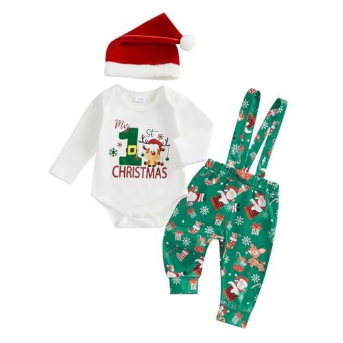 Loalirando Conjunto Navideño para Bebé de 3 Piezas, Body 'My First Christmas', Pantalones con Estampado, Gorro de Papá Noel, Verde blanco., 3-6 Meses