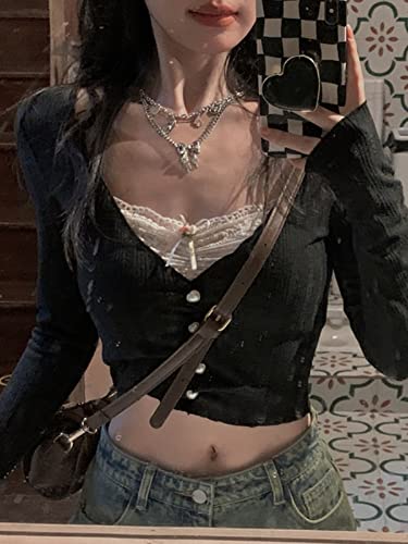 Image of Fairy Grunge Shirts for Women Y2K Tops Long Sleeve Lace Patchwork Tees Teen Girls Vintage Slim Blouse Fall Clothes