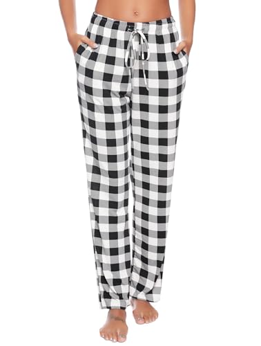 Vlazom Pantalon de Pyjama Femme Bas de Pyjama Femmes à Carreaux Pantalon de Nuit avec Poches，Blanc/Noir，M