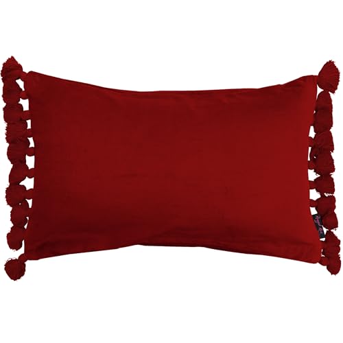 Image of Ragged Rose Oblong Cushion Cover - 50 cm x 35 cm Terry Velvet Fringe Cover for Bedroom & Lounge Area - Soft, Elegant, Cosy & Chic Cushion Covers, Red