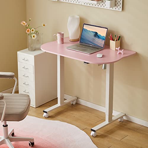 Okin Pink Height Adjustable Desk, 40" Electric Standing Small Desk For Small Spaces, Cat Shape Cute Desk For Teenager, Student, School, Bedroom, Rolling Study Writing Gaming Computer Desk With Wheels #TOP1