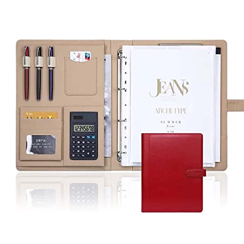リングバインダー, A4 ポートフォリオ バインダー PUレザー メモ帳 3リングオーガナイザー フォルダー マルチカラー 複数オプション(Red,No calculator)