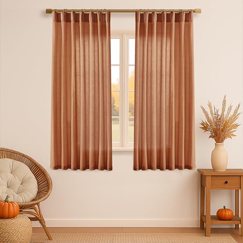 Image of XTMYI Burnt Orange Curtans 63 Inch Length for Bedroom,Sheer Linen Light Filtering Fall Autumn Farmhouse Drapes for Living Room Decor