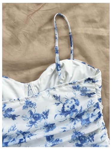 GORGLITTER Women's Floral Mesh Bodycon Mini Dress Ruched Spaghetti Strap Cami Dresses Summer Beach Going Out Dress4