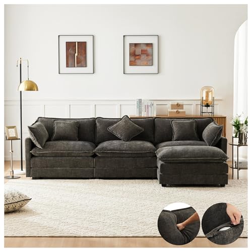 Wyibwy Sofá de tres plazas, diseño moderno, muebles tapizados, tela de chenilla, sofá acolchado, sofá esquinero con reposapiés, sofá esquinero en forma de L, 183 x 147 x 84 cm, gris oscuro