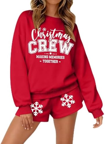 ASTANFY Christmas Sweaters Women 2 Piece Sets Matching Christmas Pajamas Long Sleeve Top and Shorts Lounge Set with Pockets
