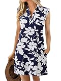 Wenrine Womens Summer Dresses Floral Casual Collared V Neck Cap Sleeve Loose Boho T Shirt Dresses with Pockets Navy