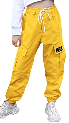 SANGTREE Womens Cargo Pants Elastic Waist Drawstring Tapered Jogger Pants with Pockets for Women Yellow,L