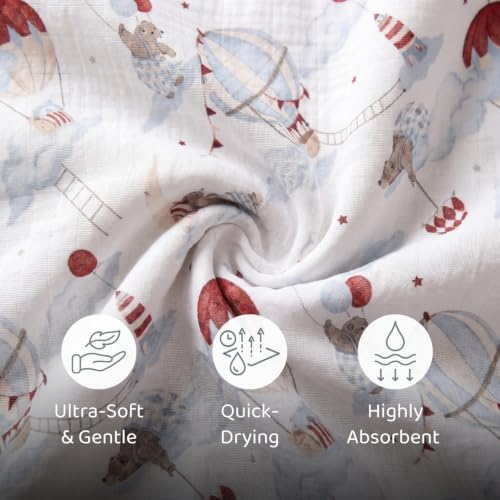 Image of haus & kinder Baby Hooded Wrapper for Newborn | 8 Layer Muslin Cotton Hooded Towel & Blanket with a Belt | Baby Towels for Infants & Toddler | 90 x 90 cm | Cloud Captain | 0-12 Months