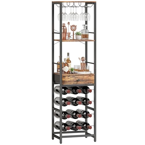 HOMCOM Casier à Bouteilles pour 12 Bouteilles, casier à vin avec étagère Ouverte et tiroir, Style Industriel, étagère à vin en métal pour Cuisine, Salon, Bar, 40 x 30 x 148 cm, Brun Rustique